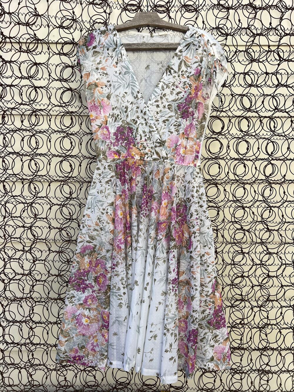 Vintage 80s Whimsy Sheer Floral Swiss Dot Wrap Front Dress